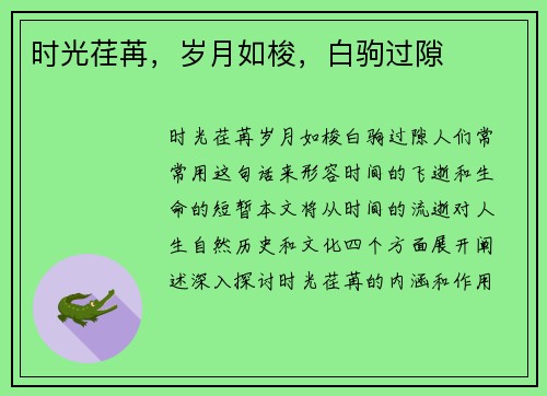 时光荏苒，岁月如梭，白驹过隙